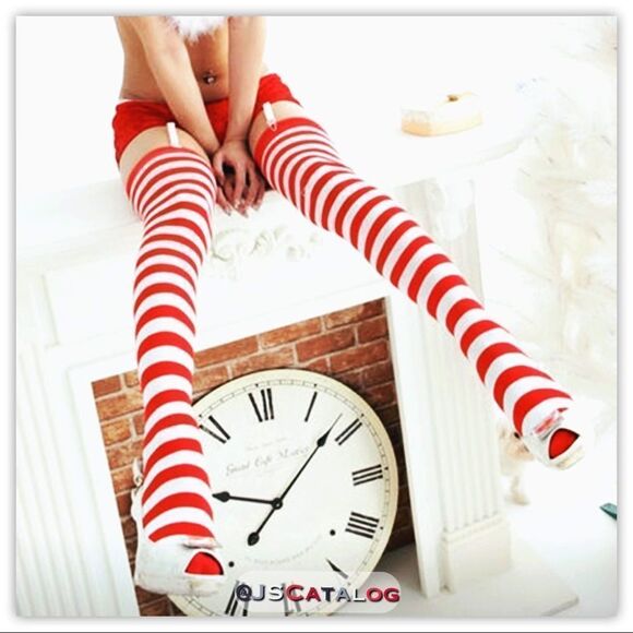 Candy Cane Striped Cotton Thigh-Highs Socks OSFM - Picture 2 of 13